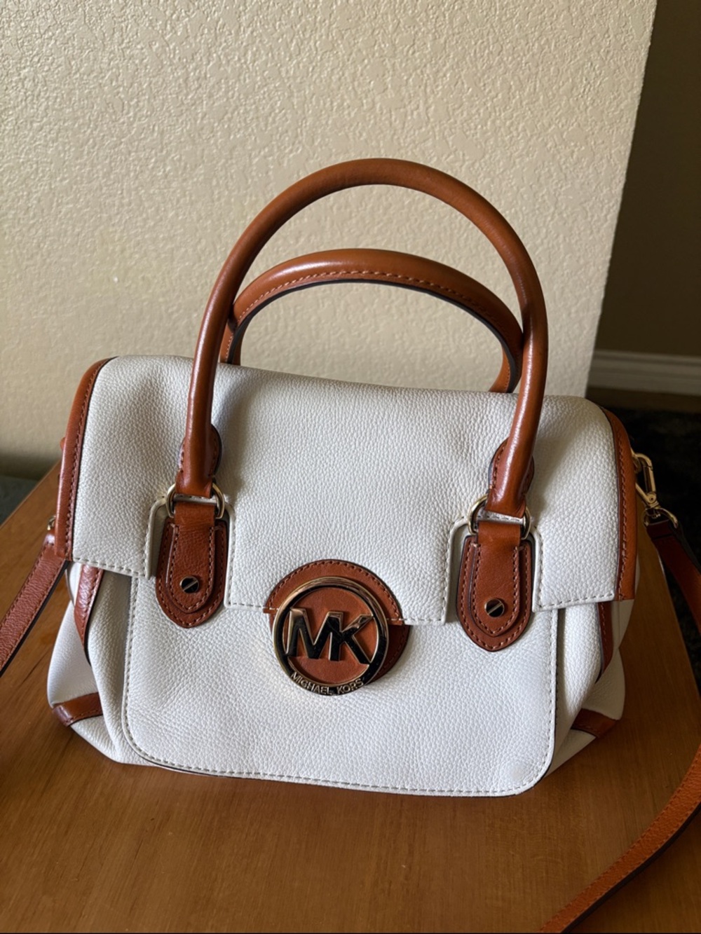 Michael Kors White and Tan Leather Logo Satchel